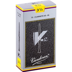 Single Vandoren V12 clarinet reed in strength 3.5 showcasing the filed French cut.