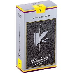 Single Vandoren V12 clarinet reed in strength 3.0 showcasing the filed French cut.