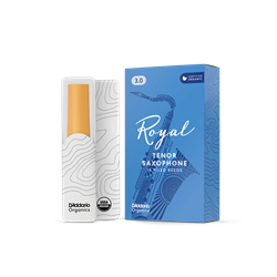 An individual Rico Royal Tenor Saxophone reed in strength 3.0 showing its filed French cut profile and uniform cane construction.