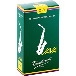 A single Vandoren JAVA Green Alto Saxophone Reed in its protective wrapper displaying strength 2.5.