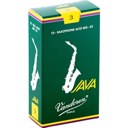 A single Vandoren JAVA Green Alto Saxophone Reed in its protective wrapper displaying strength 3.0.