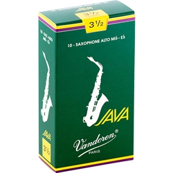 A single Vandoren JAVA Green Alto Saxophone Reed in its protective wrapper displaying strength 3.5.