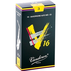 A single Vandoren V16 Alto Saxophone reed strength 3.0 resting on top of its protective plastic factory sleeve.