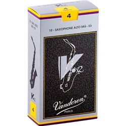 A premium single Vandoren V12 Alto Saxophone reed in strength 4.0 shown on a crisp white background with its iconic metallic packaging.