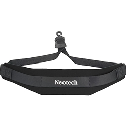 A classic black Neotech Soft Sax Strap showcasing its padded neoprene neck cushion, adjustable nylon webbing, and open black plastic hook.