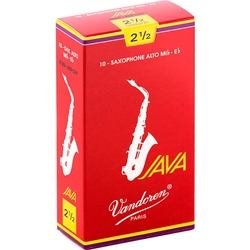 An individual Vandoren JAVA Red Alto Saxophone Reed in its factory-sealed sleeve showing strength 2.5.
