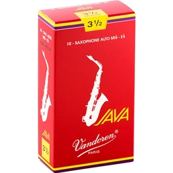 An individual Vandoren JAVA Red Alto Saxophone Reed in its factory-sealed sleeve showing strength 3.5.
