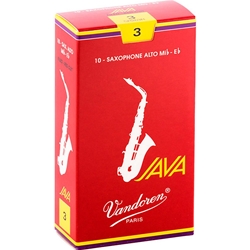An individual Vandoren JAVA Red Alto Saxophone Reed in its factory-sealed sleeve showing strength 3.0.