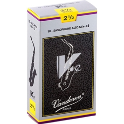 A silver box of premium Vandoren V12 Strength 2.5 Alto Saxophone Reeds on display at MusicMasters on North Monroe Street.