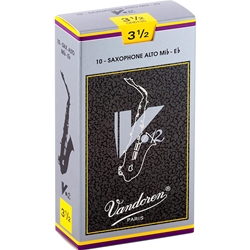 Close up of a single Vandoren V12 Alto Saxophone reed with the strength number 3.5 engraved on the back of the cane heel.