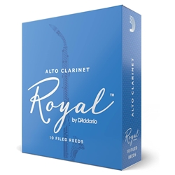 An individual Rico Royal Alto Clarinet reed in strength 2.5 showing its filed French cut profile and uniform cane construction.