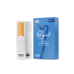 An individual Rico Royal Bass Clarinet reed in strength 3.0 showing its filed French cut profile and uniform cane construction.