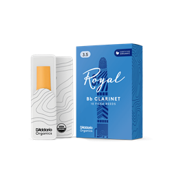 An individual Rico Royal Bb Clarinet reed in strength 3.5 showing its filed French cut profile and uniform cane construction.