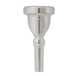 Polished silver-plated Faxx 120 Helleberg tuba mouthpiece showcasing its deep funnel cup design