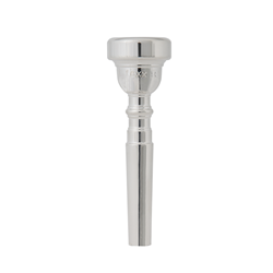 A brilliant silver-plated Faxx 3C trumpet mouthpiece sitting inside its retail packaging.
