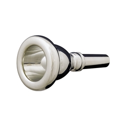 Polished silver-plated Blessing Helleberg tuba mouthpiece showing the deep funnel cup design.