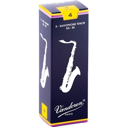 Single Vandoren Traditional tenor saxophone reed in strength 4.0 showing the classic unfiled cut.