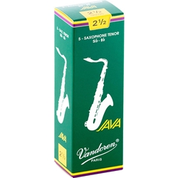Single Vandoren JAVA Green tenor saxophone reed in strength 2.5 showing the flexible unfiled jazz cut.