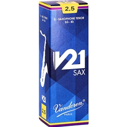 Single Vandoren V21 tenor saxophone reed in strength 2.5 showcasing the filed French cut.