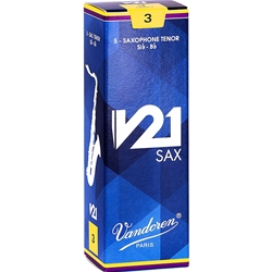 Single Vandoren V21 tenor saxophone reed in strength 3.0 showcasing the filed French cut.