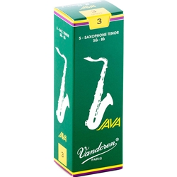 Single Vandoren JAVA Green tenor saxophone reed in strength 3.0 showing the flexible unfiled jazz cut.