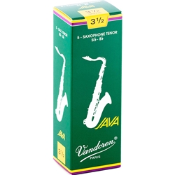 Single Vandoren JAVA Green tenor saxophone reed in strength 3.5 showing the flexible unfiled jazz cut.