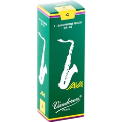 Single Vandoren JAVA Green tenor saxophone reed in strength 4.0 showing the flexible unfiled jazz cut.