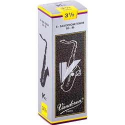Single Vandoren V12 tenor saxophone reed in strength 3.5 showcasing the filed French cut.