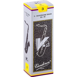 Single Vandoren V12 tenor saxophone reed in strength 3.0 showcasing the filed French cut.