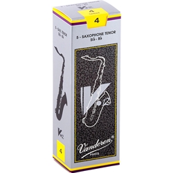 Single Vandoren V12 tenor saxophone reed in strength 4.0 showcasing the filed French cut.