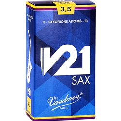 Close up of a single Vandoren V21 Alto Saxophone reed with the strength number 3.5 etched into the cane heel.