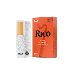 A single Rico by D'Addario organic bass clarinet reed in strength 3.5, displaying the unfiled cut profile layout.