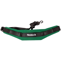 A forest green Neotech Soft Sax Strap featuring a padded neoprene neck cushion and an open black plastic hook attached to adjustable webbing.