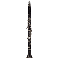 Premium French-crafted Buffet Crampon R13 professional Bb clarinet displaying its hand-selected stained Grenadilla wood body and mirror-like nickel-plated keywork