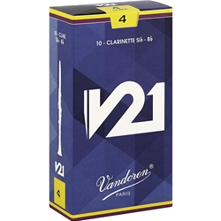 Single Vandoren V21 clarinet reed in strength 4.0 showcasing the unfiled premium cut.