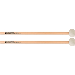 A matched pair of Innovative Percussion GTX-3 hard staccato timpani mallets featuring natural bamboo handles and white felt heads with red trim thread.