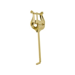 A nickel-plated bent-stem trumpet lyre by Trophy Music Company, showing the heavy-duty spring-loaded music clip and mounting stem.