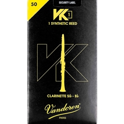 Single Vandoren VK1 synthetic Bb clarinet reed in strength 50 showing the modern composite build.