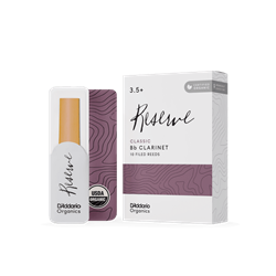 An individual D'Addario Organic Reserve Classic Bb Clarinet reed in strength 3.5+ showcasing its thick blank structure and filed French cut profile.