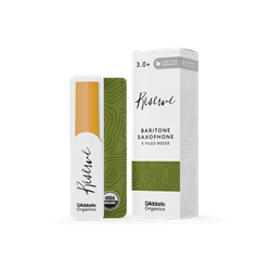 An individual D'Addario Organic Reserve Baritone Saxophone reed in strength 3.0+ showing its certified organic cane construction and filed profile.
