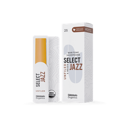 An individual D'Addario Organic Select Jazz Baritone Saxophone reed in strength 2 Soft showing its unfiled American cut profile and organic cane construction.