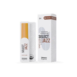 An individual D'Addario Organic Select Jazz Baritone Saxophone reed in strength 3 Hard showing its unfiled American cut profile and organic cane construction.