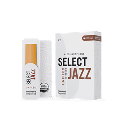 An individual D'Addario Organic Select Jazz Alto Saxophone reed in strength 2 Soft showing its unfiled American cut profile and organic cane construction.