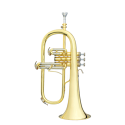Elegant German-crafted B&S Challenger I professional Bb flugelhorn finished in clear lacquer with a hand-hammered brass bell and vertical valve slides