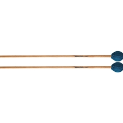 A pair of Innovative Percussion IP240 Solo Series medium-hard marimba mallets with straight birch shafts and tightly wrapped teal blue wool yarn heads.