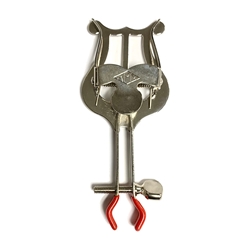 A durable nickel-plated American Plating clamp-on trumpet lyre with a black vinyl-coated clamp designed to attach directly to instrument tubing.